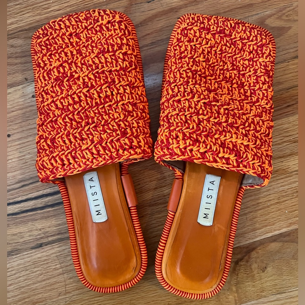 Miista Orange and Red Woven Slide Mules Sandals
